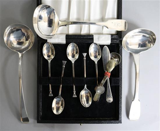 A George III silver sauce ladle, Thomas Tookey two other silver sauce ladles, five silver teaspoons and five items of flatware.